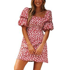 Floral Short Puff Sleeve Sundress, Mini Dress